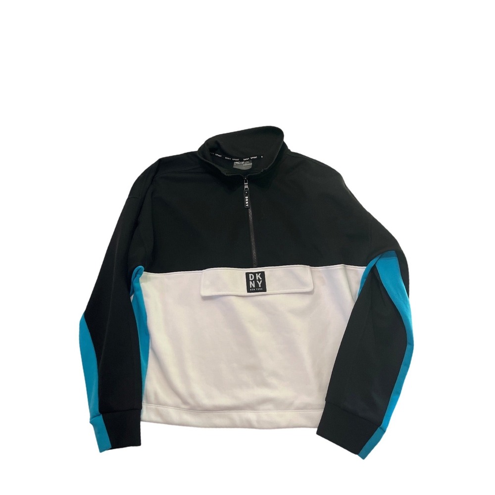 DKNY Sport Womens Quarter Zip Colorblock Pullover Sweatshirt Black White Teal L